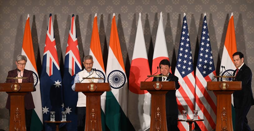 NEW DELHI, INDIA - MAY 26: (L-R) Australian Foreign Minister Penny Wong, External Affairs Minister S Jaishankar, Japanese Foreign Minister Toshimitsu Motegi and US Secretary of State Marco Rubio address a joint press conference following the conclusion of the 11th Quad Foreign Ministers Meeting at Hyderabad House on May 26, 2026 in New Delhi, India. In a strongly worded joint statement, the ministers unequivocally condemned cross-border terrorism, explicitly calling out the horrific attacks perpetrated at Pahalgam in India and Bondi Beach in Australia. Turning their focus to the economic fallout of the broader West Asia crisis, the grouping collectively issued a sharp warning against maritime disruption in the Strait of Hormuz and the Red