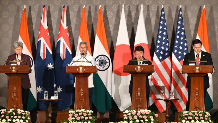 NEW DELHI, INDIA - MAY 26: (L-R) Australian Foreign Minister Penny Wong, External Affairs Minister S Jaishankar, Japanese Foreign Minister Toshimitsu Motegi and US Secretary of State Marco Rubio address a joint press conference following the conclusion of the 11th Quad Foreign Ministers Meeting at Hyderabad House on May 26, 2026 in New Delhi, India. In a strongly worded joint statement, the ministers unequivocally condemned cross-border terrorism, explicitly calling out the horrific attacks perpetrated at Pahalgam in India and Bondi Beach in Australia. Turning their focus to the economic fallout of the broader West Asia crisis, the grouping collectively issued a sharp warning against maritime disruption in the Strait of Hormuz and the Red