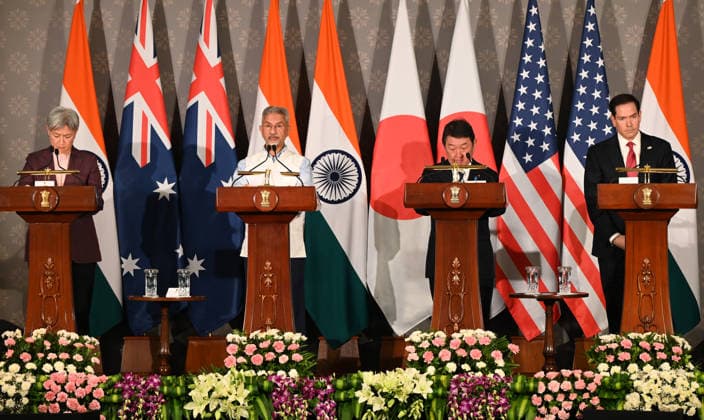 NEW DELHI, INDIA - MAY 26: (L-R) Australian Foreign Minister Penny Wong, External Affairs Minister S Jaishankar, Japanese Foreign Minister Toshimitsu Motegi and US Secretary of State Marco Rubio address a joint press conference following the conclusion of the 11th Quad Foreign Ministers Meeting at Hyderabad House on May 26, 2026 in New Delhi, India. In a strongly worded joint statement, the ministers unequivocally condemned cross-border terrorism, explicitly calling out the horrific attacks perpetrated at Pahalgam in India and Bondi Beach in Australia. Turning their focus to the economic fallout of the broader West Asia crisis, the grouping collectively issued a sharp warning against maritime disruption in the Strait of Hormuz and the Red