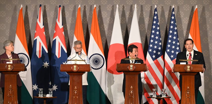 NEW DELHI, INDIA - MAY 26: (L-R) Australian Foreign Minister Penny Wong, External Affairs Minister S Jaishankar, Japanese Foreign Minister Toshimitsu Motegi and US Secretary of State Marco Rubio address a joint press conference following the conclusion of the 11th Quad Foreign Ministers Meeting at Hyderabad House on May 26, 2026 in New Delhi, India. In a strongly worded joint statement, the ministers unequivocally condemned cross-border terrorism, explicitly calling out the horrific attacks perpetrated at Pahalgam in India and Bondi Beach in Australia. Turning their focus to the economic fallout of the broader West Asia crisis, the grouping collectively issued a sharp warning against maritime disruption in the Strait of Hormuz and the Red