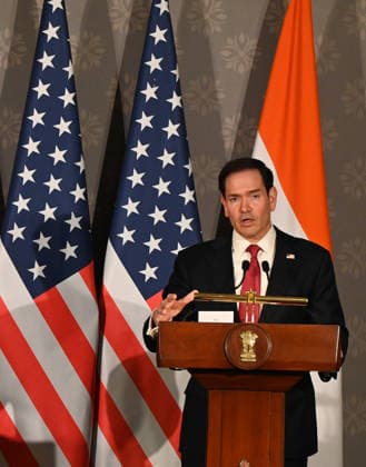 NEW DELHI, INDIA - MAY 26: US Secretary of State Marco Rubio addresses a joint press conference following the conclusion of the 11th Quad Foreign Ministers Meeting at Hyderabad House on May 26, 2026 in New Delhi, India. In a strongly worded joint statement, the ministers unequivocally condemned cross-border terrorism, explicitly calling out the horrific attacks perpetrated at Pahalgam in India and Bondi Beach in Australia. Turning their focus to the economic fallout of the broader West Asia crisis, the grouping collectively issued a sharp warning against maritime disruption in the Strait of Hormuz and the Red Sea. The Quad reiterated that freedom of navigation must remain strictly consistent with the United Nations Convention on the Law of