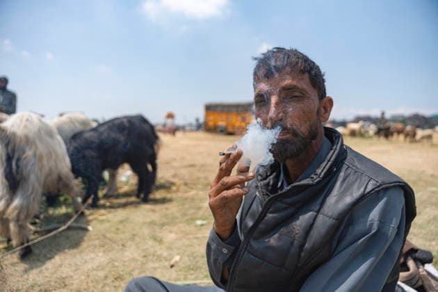 May 26, 2026, Srinagar, India: A sheep seller seen smoking while waiting for customers at a makeshift market ahead of Eid al-Adha.. Eid al-Adha, also known as Bakr Eid or the Festival of Sacrifice, is an important Islamic festival that honours Prophet Ibrahim™s willingness to sacrifice his son Ismail in obedience to Allah. Muslims celebrate it with prayers, animal sacrifice (Qurbani), and acts of charity and sharing. It marks the culmination of the annual Hajj pilgrimage to Mecca. Srinagar India - ZUMAs197 20260526_aaa_s197_021 Copyright: xIdreesxAbbasx