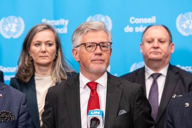 May 26, 2026, New York, New York, USA: Press Encounter by Ambassador Andrii Melnyk of Ukraine surrounded by dozen of ambassadors from different countries speaks to the press at UN Headquarters in New York, NY on May 26, 2026. New York USA  - ZUMAr339 20260526_znp_r339_009 Copyright: xLevxRadinx