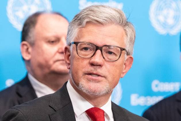 May 26, 2026, New York, New York, USA: Press Encounter by Ambassador Andrii Melnyk of Ukraine surrounded by dozen of ambassadors from different countries speaks to the press at UN Headquarters in New York, NY on May 26, 2026. New York USA  - ZUMAr339 20260526_znp_r339_011 Copyright: xLevxRadinx