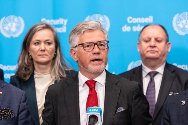 May 26, 2026, New York, New York, USA: Press Encounter by Ambassador Andrii Melnyk of Ukraine surrounded by dozen of ambassadors from different countries speaks to the press at UN Headquarters in New York, NY on May 26, 2026. New York USA - ZUMAr339 20260526_znp_r339_008 Copyright: xLevxRadinx