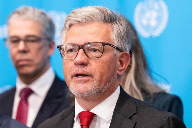 May 26, 2026, New York, New York, USA: Press Encounter by Ambassador Andrii Melnyk of Ukraine surrounded by dozen of ambassadors from different countries speaks to the press at UN Headquarters in New York, NY on May 26, 2026. New York USA - ZUMAr339 20260526_znp_r339_010 Copyright: xLevxRadinx