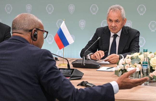Russia International Security Forum 9173996 26.05.2026 Russian Security Council Secretary Sergei Shoigu attends a meeting with Angolan National Defence Minister Lucio Goncalves Amaral during the 1st International Security Forum (ISF) at Live Arena, outside Moscow, Russia. Alexey Nikolskiy Sputnik Moscow region Russia  Copyright: xAlexeyxNikolskiyx