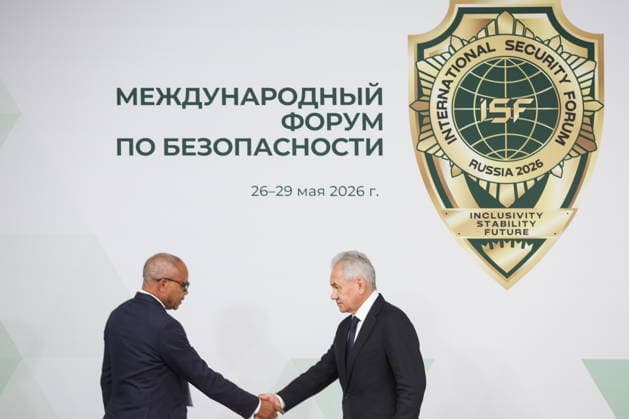 RUSSIA, MOSCOW REGION - MAY 26, 2026: Russian Security Council Secretary Sergei Shoigu (R) and Minister of National Defence of the Republic of Angola, Lucio Goncalves Amaral hold a meeting on the sidelines of the 1st International Security Forum. Mikhail Sinitsyn TASS  93064038