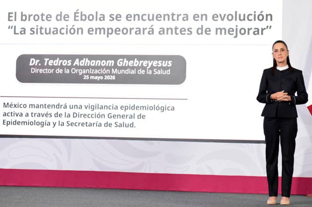 Mexican President Claudia Sheinbaum Ebola Outbreak News Conference Mexico™s President Claudia Sheinbaum Pardo speaks about the Ebola outbreak; Mexico will maintain epidemiological surveillance during a news conference at the National Palace. on May 26, 2026 in Mexico City, Mexico. (Photo by Luis Barron Eyepix Group). Copyright: xLuisxBarronx xEyepixxGroupx LB_26052026_1