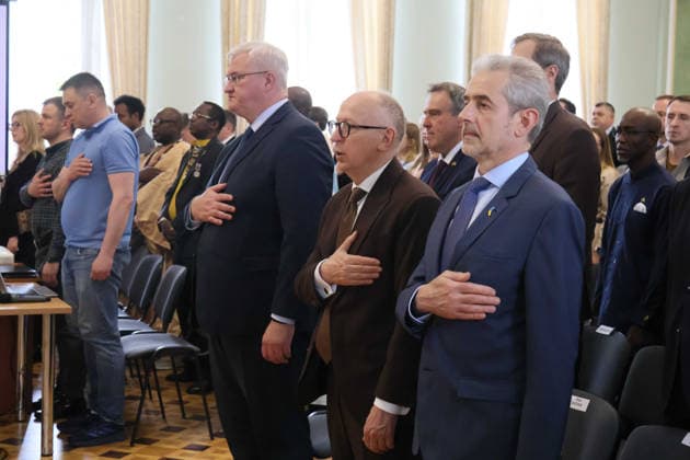 Forum Ukraine Africa Past, Present and Future of Relations held in Kyiv Ukrainian Foreign Minister Andrii Sybiha and Director of the Hennadii Udovenko Diplomatic Academy of Ukraine under the Ministry of Foreign Affairs Ihor Ostash (L to R) place their hands over their hearts during the national anthem of Ukraine at the forum Ukraine Africa: Past, Present and Future of Relations in Kyiv, Ukraine, on May 26, 2026. The event was organized to mark Africa Day 2026 in Ukraine, Credit:Pavlo Bahmut Ukrinform Avalon Ukraine, Kyiv  Copyright: xPavloxBahmutx xUkrinformx xAvalonx 1105811916