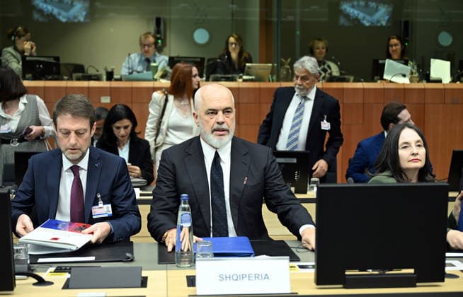 The 8th EU-Albania Accession Conference in Brussels BRUSSELS, BELGIUM - MAY 26: Albanian Prime Minister Edi Rama (C) attends the 8th EU-Albania Accession Conference in Brussels, Belgium, on May 26, 2026. Dursun Aydemir Anadolu Brussels Belgium. Editorial use only. Please get in touch for any other usage.  Copyright: x2026xAnadoluxDursunxAydemirx