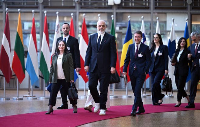 The 8th EU-Albania Accession Conference in Brussels BRUSSELS, BELGIUM - MAY 26: Albanian Prime Minister Edi Rama (front) attends the 8th EU-Albania Accession Conference in Brussels, Belgium, on May 26, 2026. Dursun Aydemir Anadolu Brussels Belgium. Editorial use only. Please get in touch for any other usage.  Copyright: x2026xAnadoluxDursunxAydemirx