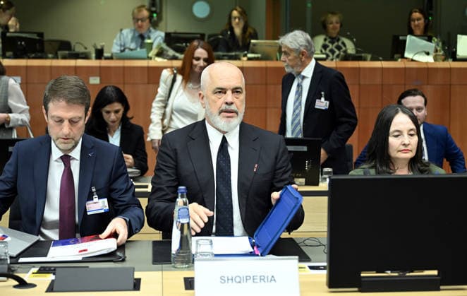 The 8th EU-Albania Accession Conference in Brussels BRUSSELS, BELGIUM - MAY 26: Albanian Prime Minister Edi Rama (C) attends the 8th EU-Albania Accession Conference in Brussels, Belgium, on May 26, 2026. Dursun Aydemir Anadolu Brussels Belgium. Editorial use only. Please get in touch for any other usage.  Copyright: x2026xAnadoluxDursunxAydemirx