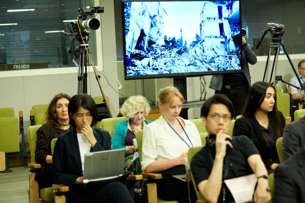 May 26, 2026, New York, New York, USA: Reporters listen as Russian Ambassador to the United Nations Vassily Nebenzia briefs the press on a reported strike in Starobilsk at U.N. Headquarters in New York, May 26, 2026. New York USA  - ZUMAs237 20260526_aap_s237_009 Copyright: xMarkxJ.xSullivanx