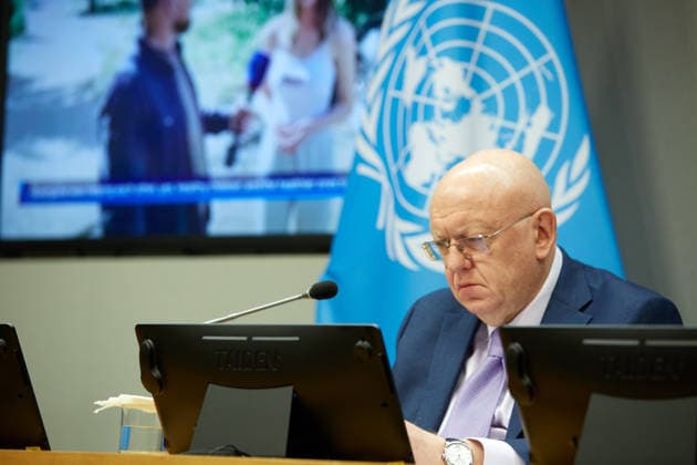 May 26, 2026, New York, New York, USA: Russian Ambassador to the United Nations Vassily Nebenzia briefs reporters during an in-person press briefing on a reported strike in Starobilsk, at U.N. Headquarters in New York, May 26, 2026. New York USA  - ZUMAs237 20260526_aap_s237_007 Copyright: xMarkxJ.xSullivanx