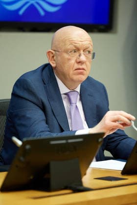 May 26, 2026, New York, New York, USA: Russian Ambassador to the United Nations Vassily Nebenzia briefs reporters during an in-person press briefing on a reported strike in Starobilsk, at U.N. Headquarters in New York, May 26, 2026. New York USA  - ZUMAs237 20260526_aap_s237_004 Copyright: xMarkxJ.xSullivanx