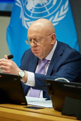 May 26, 2026, New York, New York, USA: Russian Ambassador to the United Nations Vassily Nebenzia briefs reporters during an in-person press briefing on a reported strike in Starobilsk, at U.N. Headquarters in New York, May 26, 2026. New York USA  - ZUMAs237 20260526_aap_s237_005 Copyright: xMarkxJ.xSullivanx