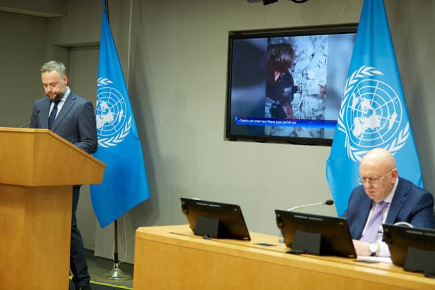 May 26, 2026, New York, New York, USA: Russian Ambassador to the United Nations Vassily Nebenzia briefs reporters during an in-person press briefing on a reported strike in Starobilsk, at U.N. Headquarters in New York, May 26, 2026. New York USA  - ZUMAs237 20260526_aap_s237_002 Copyright: xMarkxJ.xSullivanx