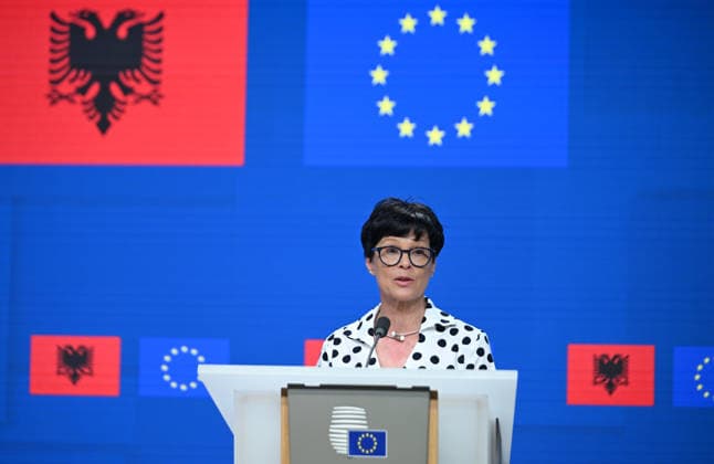 The 8th EU-Albania Accession Conference in Brussels BRUSSELS, BELGIUM - MAY 26: Albanian Prime Minister Edi Rama, Deputy Minister for European Affairs of the Republic of Cyprus Marilena Raouna, and European Commissioner for Enlargement Marta Kos hold a joint press conference after attending the 8th EU-Albania Accession Conference in Brussels, Belgium, on May 26, 2026. Dursun Aydemir Anadolu Brussels Belgium. Editorial use only. Please get in touch for any other usage.  Copyright: x2026xAnadoluxDursunxAydemirx