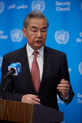 May 26, 2026, New York, New York, USA: Chinese Foreign Minister WANG YI speaks to reporters during a press encounter at the Security Council stakeout at U.N. Headquarters. New York USA  - ZUMA 20260526_mda_s237_350 Copyright: xMarkxJxSullivanx