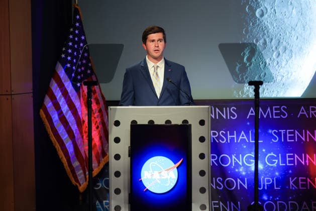 May 26, 2026, Washington, District Of Columbia, USA: GEORGE ALDERMAN, NASA Deputy Press Secretary, speaks at a press conference announcing Moon Base plans and mission progress at NASA Headquarters in Washington, D.C. on May 26, 2026. NASA s Moon Base program is a long-term lunar exploration and infrastructure initiative designed to enable sustained human presence at the lunar South Pole. Washington USA - ZUMAd227 20260526_znp_d227_001 Copyright: xBryanxDozierx