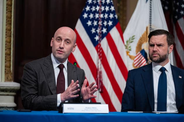 Anti-Fraud with State AGs UNITED STATES - MAY 26: Stephen Miller, left, White House deputy chief of staff, speaks during a roundtable with Vice President JD Vance and state attorneys general on anti-fraud initiatives in the Eisenhower Executive Office Building on Tuesday, May 26, 2026. (Tom Williams CQ Roll Call) Washington DC United States EDITORIAL USE ONLY Copyright: x2026xCQ-RollxCall,xInc.x TomxWilliamsx rollcallpix171212