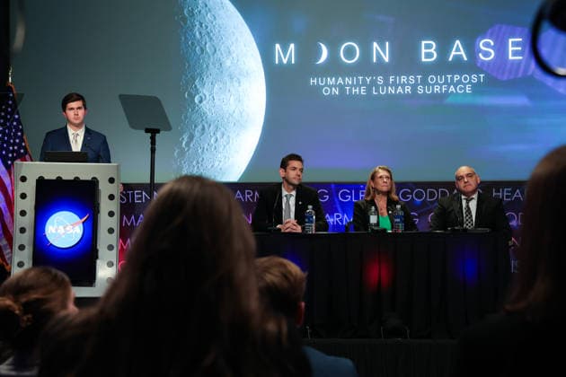 May 26, 2026, Washington, District Of Columbia, USA: GEORGE ALDERMAN, NASA Deputy Press Secretary, NASA Administrator JARED ISAACMAN, .Acting Associate Administrator LORI GLAZE, Exploration Systems Development Mission Directorate, NASA, .and CARLOS GARCIA-GALAN, Program Executive, Moon Base, NASA, take questions at a press conference announcing Moon Base plans and mission progress at NASA Headquarters in Washington, D.C. on May 26, 2026. NASA s Moon Base program is a long-term lunar exploration and infrastructure initiative designed to enable sustained human presence at the lunar South Pole. Washington USA - ZUMAd227 20260526_znp_d227_048 Copyright: xBryanxDozierx