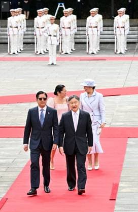 Welcome ceremony for Philippine President Marcos Jr. Philippine President Ferdinand Marcos Jr. (front, L) and his wife Louise Araneta-Marcos (back, L) attend a welcome ceremony with Japanese Emperor Naruhito and Empress Masako at the Imperial Palace in Tokyo on May 27, 2026, after arriving in Japan the previous day for a four-day state visit. (Pool photo)  A14AA0005616864P