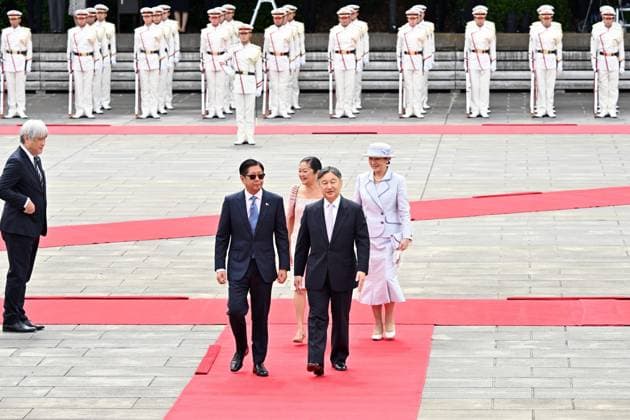 Welcome ceremony for Philippine President Marcos Jr. Philippine President Ferdinand Marcos Jr. (front, L) and his wife Louise Araneta-Marcos (back, L) attend a welcome ceremony with Japanese Emperor Naruhito and Empress Masako at the Imperial Palace in Tokyo on May 27, 2026, after arriving in Japan the previous day for a four-day state visit. (Pool photo)  A14AA0005616879P