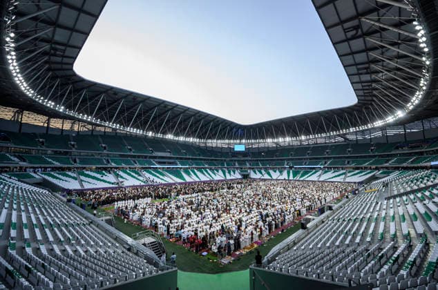 May 27, 2026, Doha, Qatar: People seen offering Eid al-Adha morning prayers at the Education City Stadium. Muslims around the world are celebrating Eid al-Adha (the feast of sacrifice), the second of two Islamic holidays celebrated worldwide marking the end of the annual pilgrimage or Hajj to the Saudi holy city of Mecca. Doha Qatar - ZUMAs197 20260527_aaa_s197_009 Copyright: xNoushadxVariyattiyakkalx