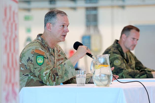 From left Haed of NATO Supreme Allied Command in Europe (SACEUR) Alexus Grynkewich and Czech Chief of General Staff Karel Rehka attend a press conference to mark the end of a two-day visit by Alexus Grynkewich, 22nd helicopter base, Namest nad Oslavou, Czech Republic. (CTKxPhoto LiborxPlihal) CTKPhotoP2026052704828  CTKPhotoP2026052704828