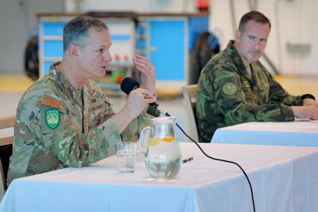 From left Haed of NATO Supreme Allied Command in Europe (SACEUR) Alexus Grynkewich and Czech Chief of General Staff Karel Rehka attend a press conference to mark the end of a two-day visit by Alexus Grynkewich, 22nd helicopter base, Namest nad Oslavou, Czech Republic. (CTKxPhoto LiborxPlihal) CTKPhotoP2026052704901  CTKPhotoP2026052704901