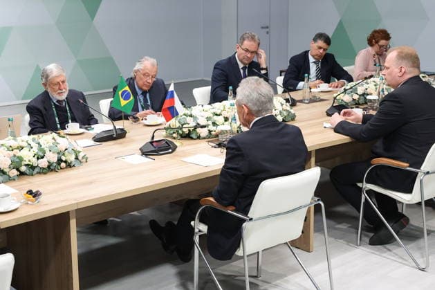 RUSSIA, MOSCOW REGION - MAY 27, 2026: Russian Security Council Secretary Sergei Shoigu (L front) and Chief Special Advisor to the President of Brazil for Foreign Policy Celso Amorim hold a meeting on the sidelines of the 1st International Security Forum Russia  - ZUMAt113 20260527_zaa_t113_350 Copyright: xValeryxSharifulinx