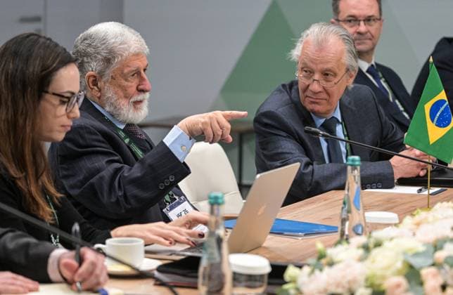 Russia International Security Forum 9174464 27.05.2026 Special Advisor to the President of Brazil for Foreign Policy Celso Amorim, second left, attends a meeting with Russian Security Council Secretary Sergei Shoigu held as part of the 1st International Security Forum (ISF) at Live Arena, outside Moscow, Russia. Alexey Nikolskiy Sputnik Moscow region Russia  Copyright: xAlexeyxNikolskiyx