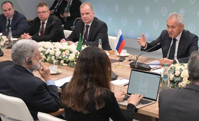 Russia International Security Forum 9174472 27.05.2026 Russian Security Council Secretary Sergei Shoigu, right, attends a meeting with Special Advisor to the President of Brazil for Foreign Policy Celso Amorim held as part of the 1st International Security Forum (ISF) at Live Arena, outside Moscow, Russia. Alexey Nikolskiy Sputnik Moscow region Russia  Copyright: xAlexeyxNikolskiyx