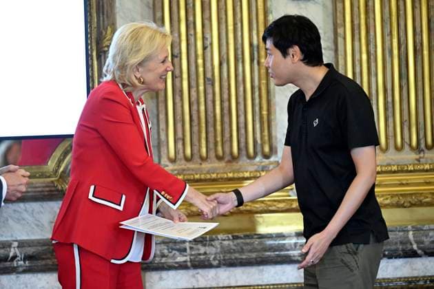 Princess Astrid presents the 2026 F.M.R.E. scientific awards BRUSSELS, BELGIUM - MAY 27 : Princess Astrid, Honorary President of the Queen Elisabeth Medical Foundation (F.M.R.E.), attends an academic session of the foundation at the Royal Palace and officially presents the F.M.R.E. 2026 scientific awards to the winners: 5) Marc Hurard Prize : (not present) Dr. Dopp Joana (KU Leuven - VIB) on May 27, 2026 in Brussels, Belgium, 27 05 2026 Brussels Belgium  Copyright: xDidierxLebrunx