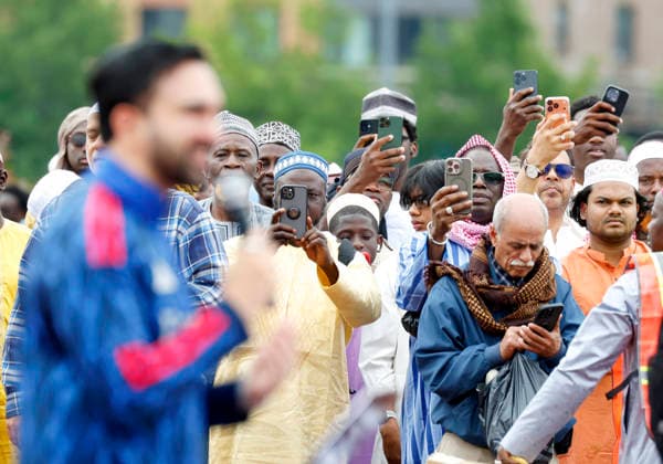 New York City Mayor Zohran Kwame Mamdani speaks to worshipers after he participates in Eid al-Adha prayers at Macombs Dam Park on Wednesday, May 27 2026 in New York City. Eid al-Adha, also known as the Festival of Sacrifice, is the second major Islamic festival of the year.  NYP20260527118 JOHNxANGELILLO
