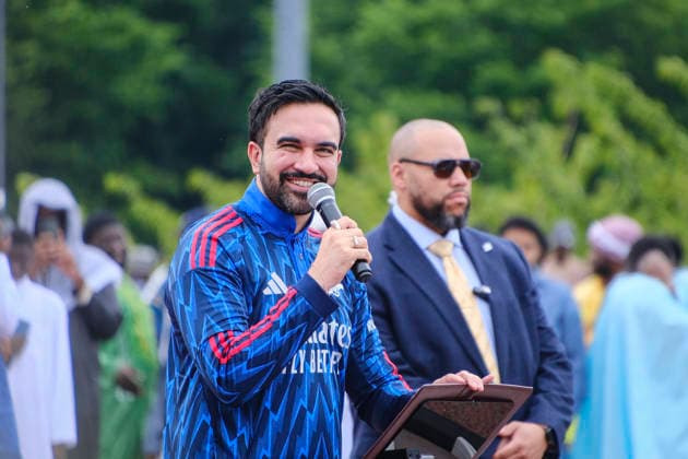 NEW YORK, NY- MAY 27: Mayor Zohran Mamdani attends Eid al-Adha prayers this morning at Yancey Track and Field at Macombs Dam Park in the Bronx; wearing arsenal attire on May 27, 2026 in New York City. Copyright: xKatiexGodowski MediaPunchx