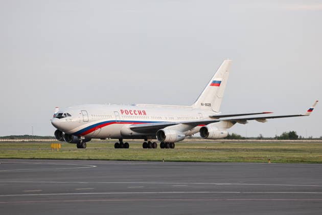 KAZAKHSTAN, ASTANA - MAY 27, 2026: An aircraft carrying Russia s President Putin arrives at Nursultan Nazarbayev International Airport. The Russian president arrived in Kazakhstan on a state visit. Alexander Kazakov Russian Presid  93103692