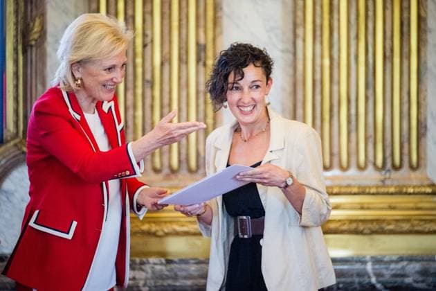 Princess Astrid of Belgium and Dr. Mattioni Stefania pictured during the presentation of the scientific prizes for the year 2026 of the Queen Elisabeth Medical Foundation (FMRE - GSKE), in Brussels, on Wednesday 27 May 2026. Academic session of the Queen Elisabeth Medical Foundation and presentation of the Foundation s scientific prizes for the year 2026. The scientific prizes aim to support Belgian researchers in the field of neuroscience. Several projects have been selected by the Foundation s Board of Directors on the proposal of its Scientific Committee.  JASPERxJACOBS 175197927