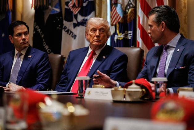 DC: President Trump Holds Cabinet Meeting U.S. President Donald Trump and U.S. Secretary of State Marco Rubio (left) listen as U.S. Secretary of Defense Pete Hegseth (right) speaks during a Cabinet meeting in the Cabinet Room of the White House on May 27, 2026 in Washington, D.C. Trump is holding the meeting with members of his Cabinet as a the U.S. and Iran creep closer to a deal. (Photo by Samuel Corum Pool ABACAPRESS.COM) Washington DC United States  Copyright: xPool ABACAx
