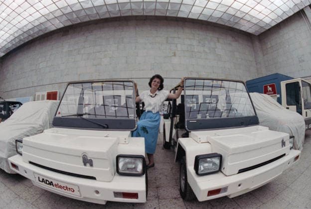 June, 1991. Tolyatti, Samara Region, USSR. The view shows Poni electromobile, a new product of Avtovaz Volga Manufacturing Association for Passenger Cars named after USSR 50th Anniversary . The exact date of the photograph is unknown. Nikolai Nikitin TASS  32460242