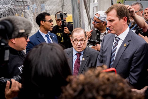 Rep. Jerrold Nadler (D-N.Y.) and Rep. Daniel Goldman (D-N.Y.) speak to advocates of detainees before going into Delaney Hall Detention Center in Newark, N.J. on Wednesday, May 27, 2026. Detainees have started a hunger strike to protest what they call inhumane conditions inside the ICE detention center.  NYP202605279017 ANGELINAxKATSANIS