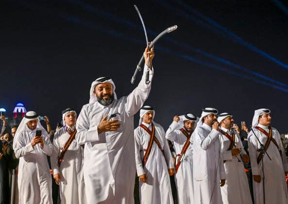 Eid Al-Adha celebrations 2026 in Doha, Qatar - 27 MAY 2026. A Qatari traditional band seen performing during Eid al-Adha celebrations marking the first day of the Muslim festival of Eid al-Adha at Katara Cultural Village. Muslims around the world celebrate Eid al-Adha, one of IslamÕs most important holidays, which commemorates Prophet AbrahamÕs willingness to sacrifice his son in obedience to God Doha Qatar Copyright: xNoushadxVariyattiyakkalx xSOPAxImagesx NVRITYAKAL-001