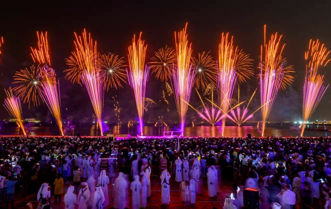 May 27, 2026, Doha, Qatar: Fireworks seen displayed during Eid al-Adha celebrations marking the first day of the Muslim festival of Eid al-Adha at Katara Cultural Village. Muslims around the world celebrate Eid al-Adha, one of Islams most important holidays, which commemorates Prophet Abrahams willingness to sacrifice his son in obedience to God Doha Qatar - ZUMAs197 20260527_aaa_s197_100 Copyright: xNoushadxVariyattiyakkalx
