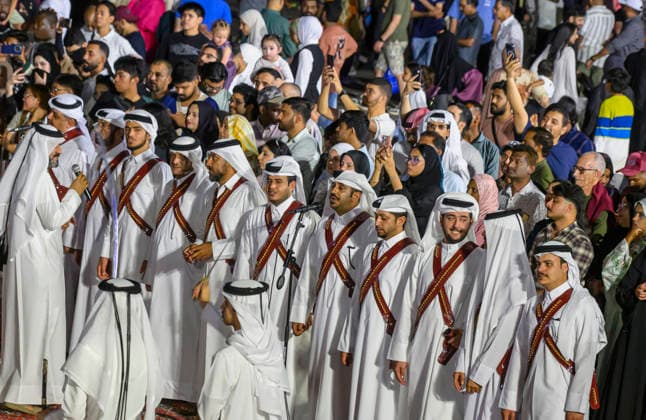 May 27, 2026, Doha, Qatar: A Qatari traditional band seen performing during Eid al-Adha celebrations marking the first day of the Muslim festival of Eid al-Adha at Katara Cultural Village. Muslims around the world celebrate Eid al-Adha, one of Islams most important holidays, which commemorates Prophet Abrahams willingness to sacrifice his son in obedience to God Doha Qatar - ZUMAs197 20260527_aaa_s197_101 Copyright: xNoushadxVariyattiyakkalx