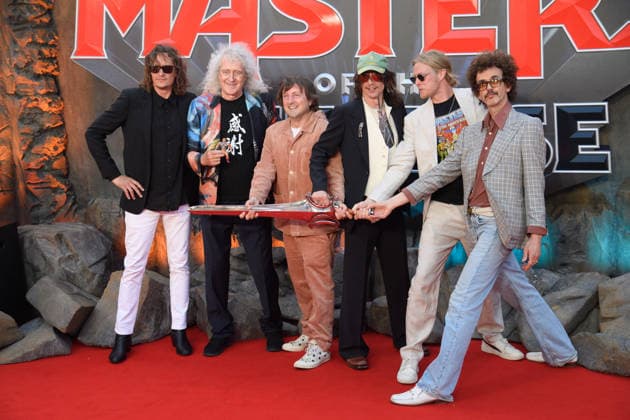 Masters of The Universe UK Premiere Arrivals at Cineworld, Leicester Square, London (L-R) - Dan Hawkins, Sir Brian May, Daniel Pemberton, Justin Hawkins, Rufus Tiger Taylor and Frankie Poullain attends The UK Premiere of Masters Of The Universe at Cineworld, Leicester Square, London, England, UK on Wednesday 27 May, 2026., Credit:Justin Ng Avalon UK, England, London, Cineworld, Leicester Square  Copyright: xJustinxNgx xAvalonx 1106055462