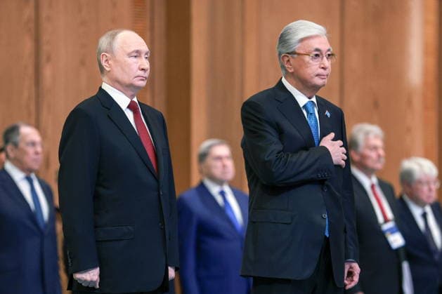 KAZAKHSTAN, ASTANA - MAY 28, 2026: Russia s President Vladimir Putin and Kazakhstan s President Kassym-Jomart Tokayev (L-R front) pose during a welcome ceremony at the Independence Palace. Alexander Shcherbak TASS  93123526