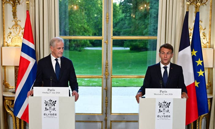 President Macron And Norwegian PM Gahr Store Press Conference - Paris President Emmanuel Macron receives Jonas Gahr Store, Prime Minister of the Kingdom of Norway, at the Elysée Palace in Paris, France on May 27, 2026, with discussions focusing on strengthening defense cooperation between the two countries. Photo by Christian Liewig Pool ABACAPRESS.COM Paris France  Copyright: xLiewigxChristian Pool ABACAx