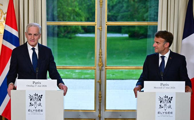 President Macron And Norwegian PM Gahr Store Press Conference - Paris President Emmanuel Macron receives Jonas Gahr Store, Prime Minister of the Kingdom of Norway, at the Elysée Palace in Paris, France on May 27, 2026, with discussions focusing on strengthening defense cooperation between the two countries. Photo by Christian Liewig Pool ABACAPRESS.COM Paris France  Copyright: xLiewigxChristian Pool ABACAx
